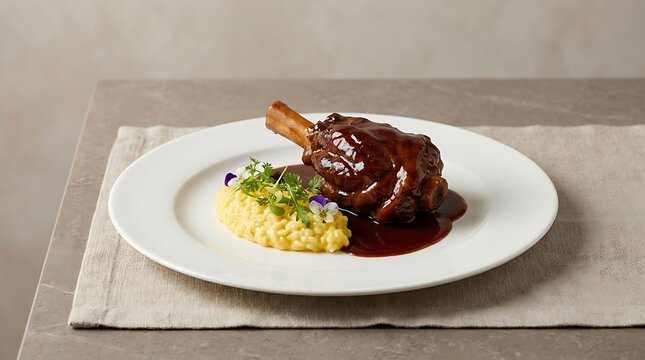 Roasted lamb shank with red wine sauce and creamy polenta on a white plate served for a gourmet dinner. veal osso bucco
