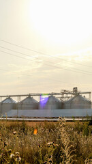 Industrial grain silos stand tall against a hazy, sunlit sky at sunset © shine.graphics