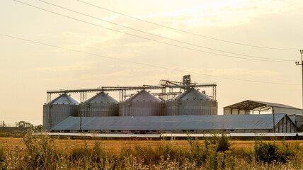Agricultural silos and storage buildings on a farm at sunset © shine.graphics