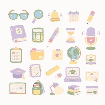 Pastel Education and School Flat Illustration Icon Set with Books, Laptop, Calculator and Learning Objects