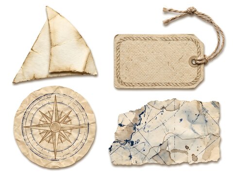 Vintage nautical themed paper scrap collection with distressed compass map sail and rope tag for antique scrapbooking art.