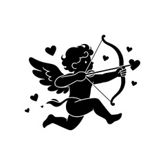 Fototapeta premium Romantic Cupid vector illustration featuring a charming winged character holding a bow and heart-tipped arrow in a clean minimalist style. Perfect for Valentine’s Day, love, romance, weddings, anniver