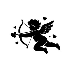 Fototapeta premium Romantic Cupid vector illustration featuring a charming winged character holding a bow and heart-tipped arrow in a clean minimalist style. Perfect for Valentine’s Day, love, romance, weddings, anniver