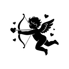Fototapeta premium Romantic Cupid vector illustration featuring a charming winged character holding a bow and heart-tipped arrow in a clean minimalist style. Perfect for Valentine’s Day, love, romance, weddings, anniver