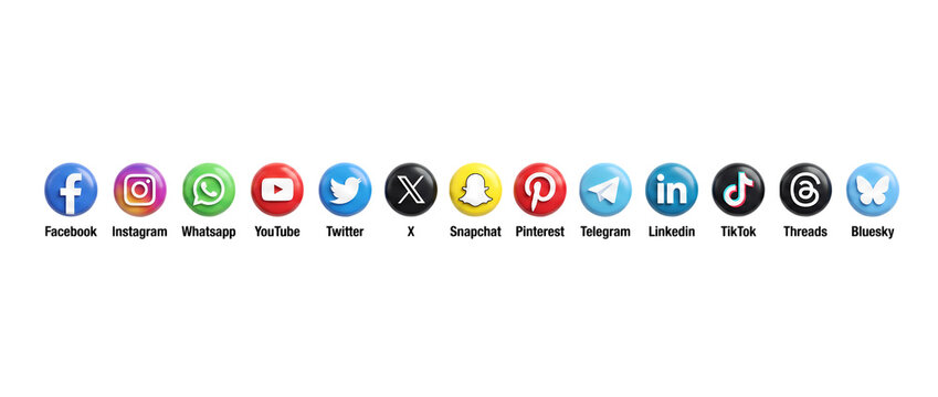 Circular social media badges and logos aligned horizontally with media icons Social media icons 2026. social network logos collection