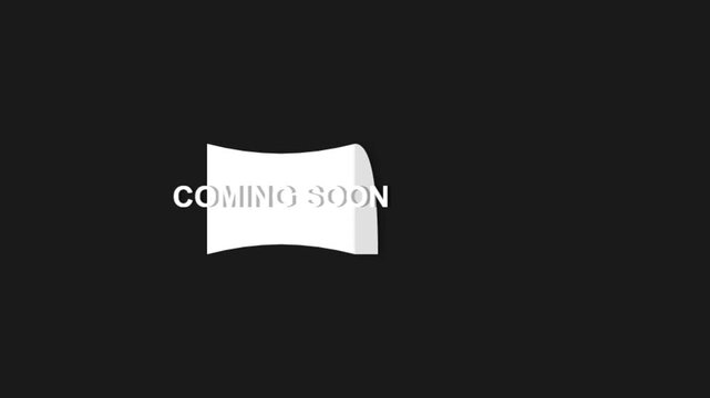 Coming Soon sticker label transition. White paper seal design on black background. Announcement graphic. Launch teaser banner.
