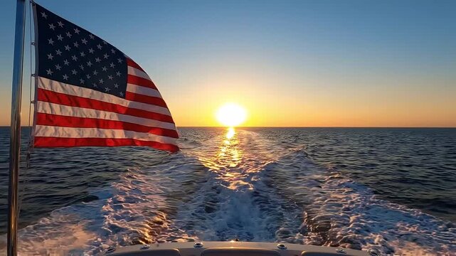 American flag waves on boat stern at sunrise over calm ocean water with sun reflection and wake, cinematic footage.