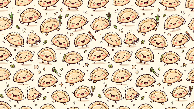 Seamless pattern with cute cartoon dumplings and green onions.