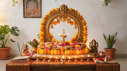 Fototapeta premium Elaborate hindu altar decorated with marigolds and offerings for a religious ceremony
