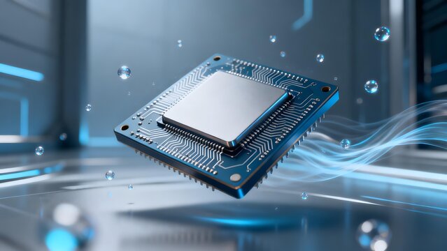Floating microprocessor chip with circuit traces surrounded by glowing blue airflow and suspended water droplets in a high-tech environment