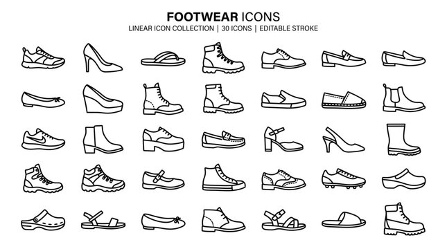 Footwear icons set, linear shoe collection with 35 icons, editable stroke fashion footwear symbols for retail and web design