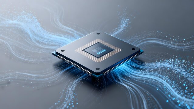Microprocessor chip with blue data flow streams on dark surface