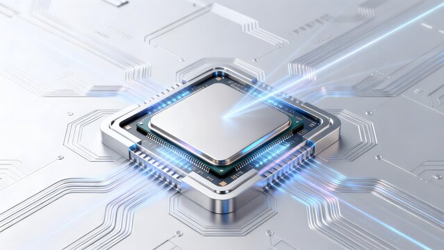 Close-up of a microprocessor chip mounted on a circuit board with glowing blue data streams