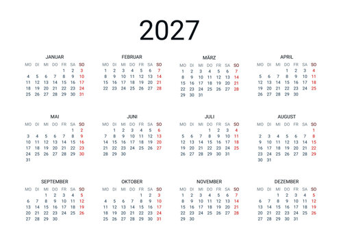 2027 year German calendar in German language. Classical, minimalistic, simple design. White background. Vector Illustration. 