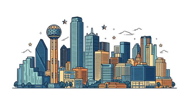 Stylized illustration of the Dallas city skyline featuring iconic buildings and skyscrapers.