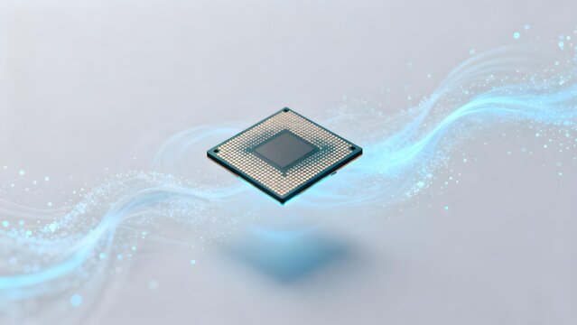 Microprocessor chip with glowing blue data streams on a soft gradient background