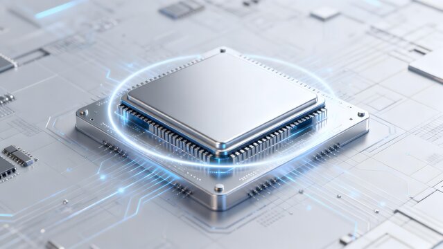 Close-up of a modern microprocessor on a circuit board with glowing blue energy effect