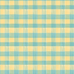 Seamless pastel yellow and teal blue gingham plaid pattern featuring a subtle hand-drawn woven texture, ideal for bright summer apparel, nursery decor, stationery, and digital
