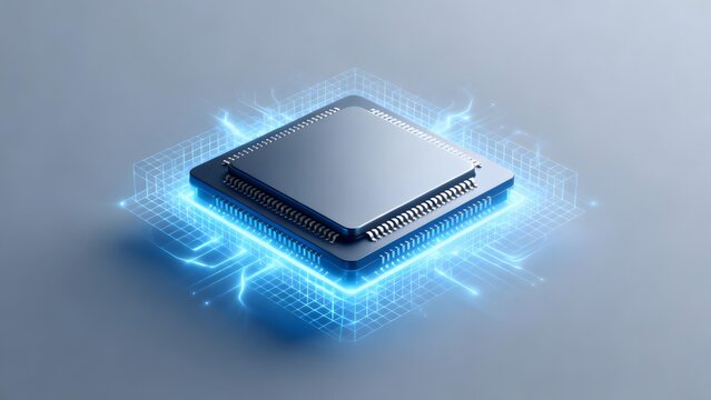 Modern microprocessor chip with glowing blue energy effects on a neutral background