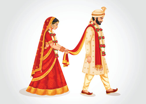 Vector of an Indian bride and groom in traditional wedding attire performing wedding rituals in India. Hindu couple taking vows of marriage