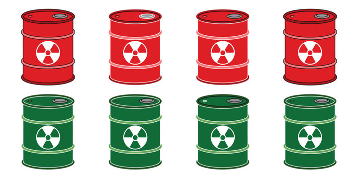 Red and green radioactive barrel vector set featuring nuclear hazard symbols, toxic waste containers, radiation warning graphics, industrial safety and editable illustrations.