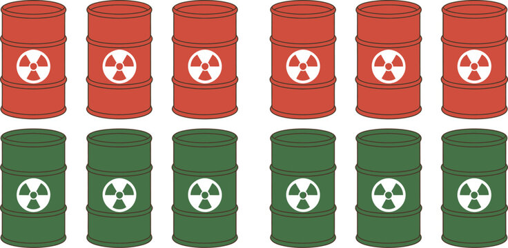 Red and green radioactive barrel vector set featuring nuclear hazard symbols, toxic waste containers, radiation warning graphics, industrial safety and editable illustrations.