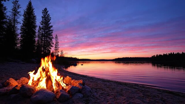 Peaceful campfire on sandy beach at sunset with vibrant pink and purple clouds reflected in calm lake and pine trees silhouette.