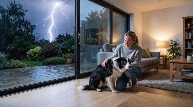 A woman comforts her frightened Border Collie inside her modern home during a severe thunderstorm, emphasizing pet welfare and home safety against extreme weather.