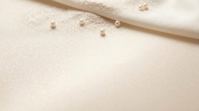 Elegant background featuring soft white fabric draped with scattered pearls and shimmering glitter for luxury design