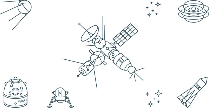 Space Exploration and Satellite Outline Vector Set with Sputnik, Space Station, Rocket, Lunar Module, Earth Orbit, and Astronomy Technology Icons