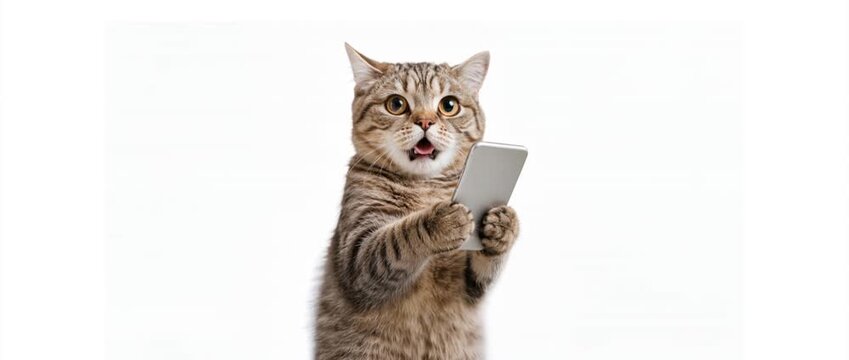Shocked Cat Holding Smartphone in Wide Banner with Copy Space