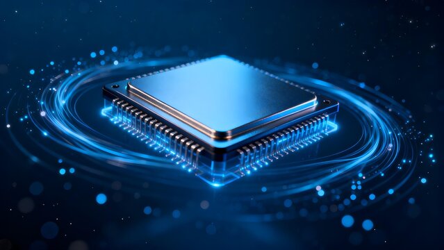 Blue-lit microprocessor chip with glowing circuitry and energy swirls on dark background