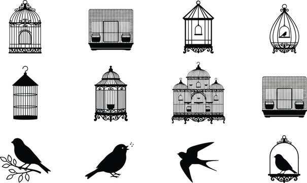 Vintage Ornate Birdcage and Songbird Silhouette Icon Set with Decorative Wire Enclosures Flying Sparrows and Perched Canaries for Retro Vector Graphic Designs