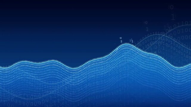Abstract blue digital wave of binary code flowing across a dark background for technology concepts
