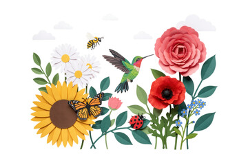 Naklejka premium Vector Summer Floral Border with Sunflower, Rose, and Hummingbird. Nature Icon Set for Garden Design and Eco Branding