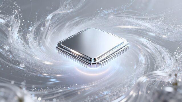 Sleek microprocessor chip centered in swirling silver and white digital energy vortex