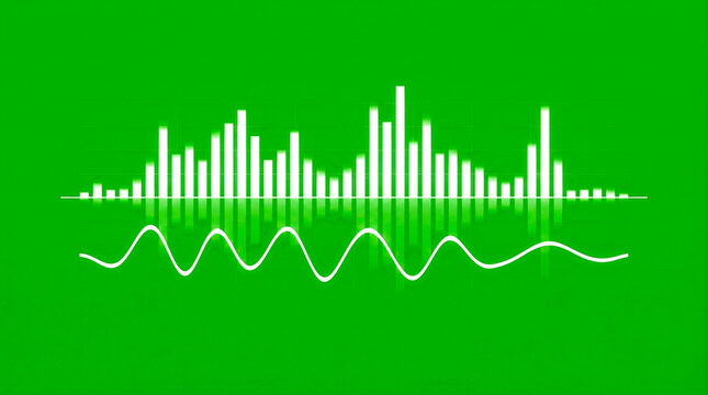Visualizador de onda y espectro de audio brillante en color blanco con l&iacute;neas sinusoidales, aislado sobre fondo de pantalla verde croma para edici&oacute;n.