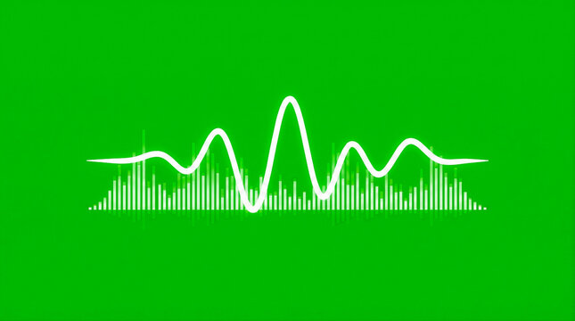 Visualizador de onda y espectro de audio brillante en color blanco con l&iacute;neas sinusoidales, aislado sobre fondo de pantalla verde croma para edici&oacute;n.