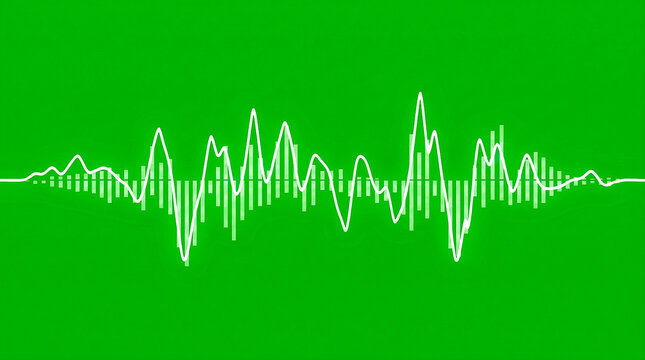 Visualizador de onda y espectro de audio brillante en color blanco con l&iacute;neas sinusoidales, aislado sobre fondo de pantalla verde croma para edici&oacute;n.