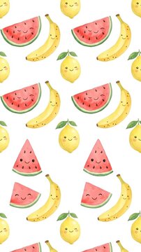 Seamless pattern with cute smiling watermelon banana and lemon fruits