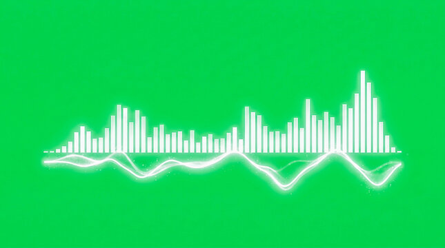 Visualizador de onda y espectro de audio brillante en color blanco con l&iacute;neas sinusoidales, aislado sobre fondo de pantalla verde croma para edici&oacute;n.