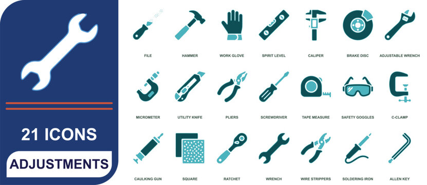 Comprehensive collection of professional adjustment icons featuring various settings and configuration tools for modern digital interface design projects