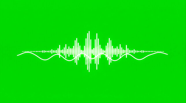 Visualizador de onda y espectro de audio brillante en color blanco con l&iacute;neas sinusoidales, aislado sobre fondo de pantalla verde croma para edici&oacute;n.