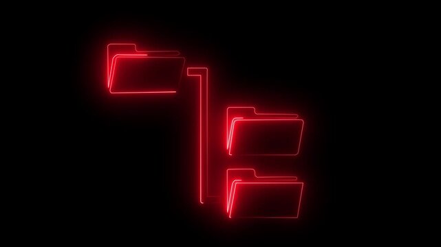 Neon red color Folder tree line icon on black background Computer network file folder organization structure flowchart. 4K Video motion graphic animation.