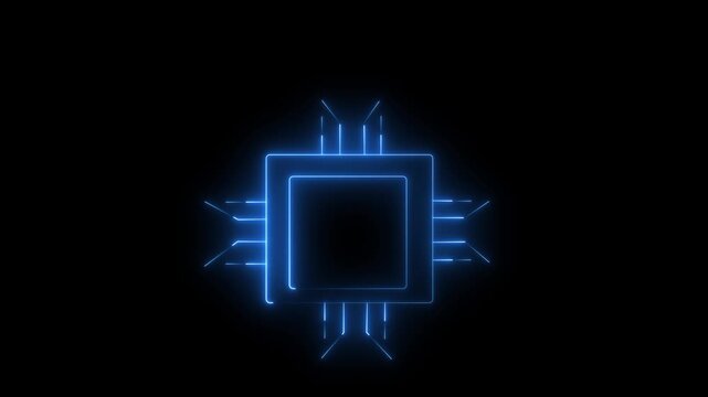 Abstract technology blue, green color icon animation with neon sing glowing  on black background. Computer processor chip icon animation with neon line on black background