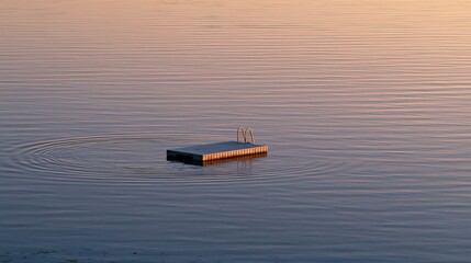 Naklejka premium An elevated view across still water to a small anchored swimming platform, candid outdoor leisure still life