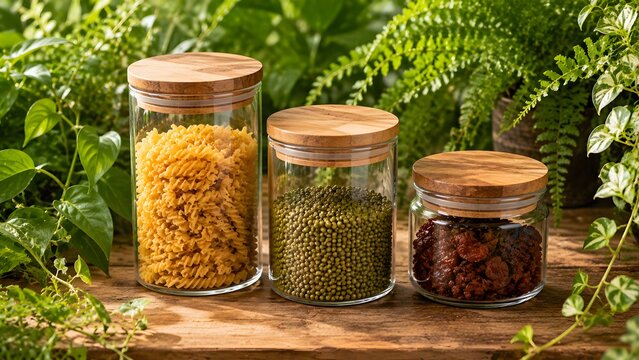 Glass jars filled with pasta mung beans and dried fruit sit on a wooden surface