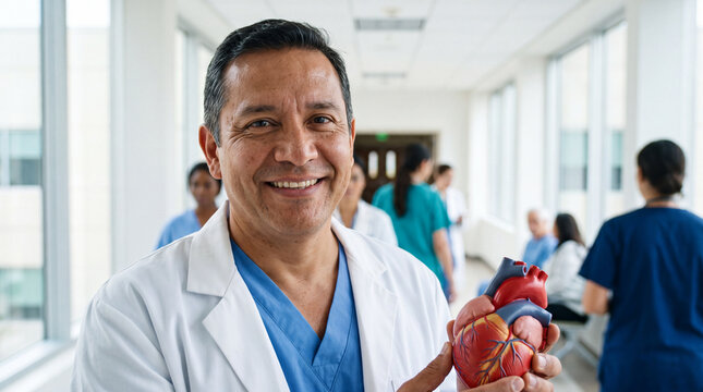 Latino male doctor is smiling while holding a red heart model in a bright hospital for World Heart Day campaigns