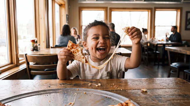 Cheese Pizza Day features an amazed toddler pulling long cheese string from pizza for poster