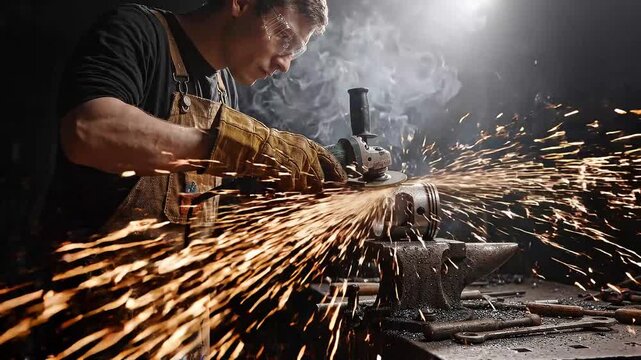 Skilled worker grinds metal engine piston using electric power tool creating bright sparks in dark industrial workshop during professional custom fabrication process cinematic slow motion.